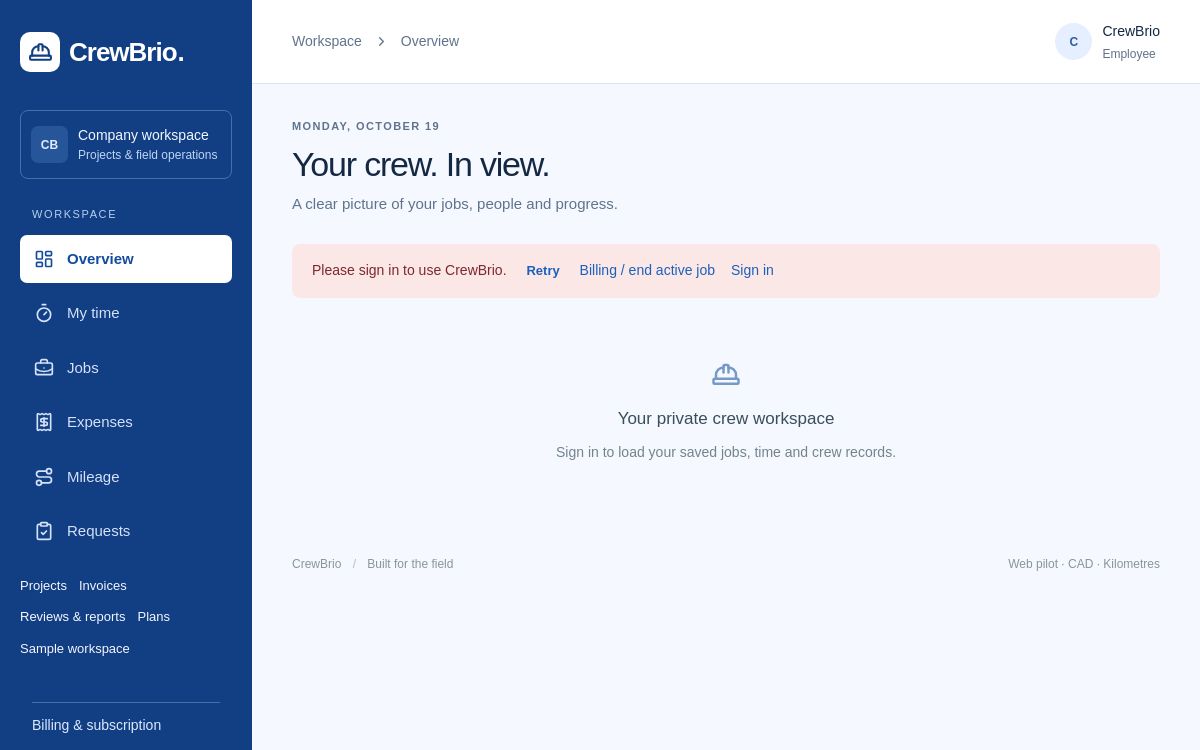 Actual CrewBrio workspace sign-in screen showing navigation for jobs, time, expenses, mileage and invoices